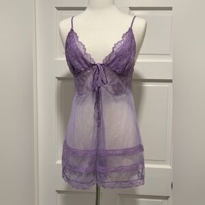 Y2K 02 Victoria’s Secret Lavender Lace Sheer Babydoll Slip L Fairycore Lace Silk